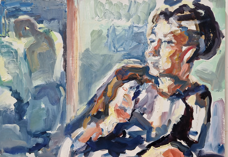 Gestural expressionist oil painting of studious, confidant woman reclining in chair with indistinct figure in background. Painted by Clare Hawkes at Abbey Farm Fine Art Studio Abbotsbury Dorset 